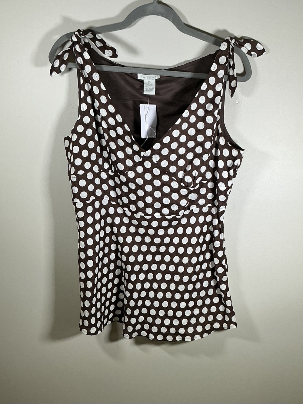 Tweeds Brown & White Polka Dot Linen Blend Tie Strap Tank Top XL